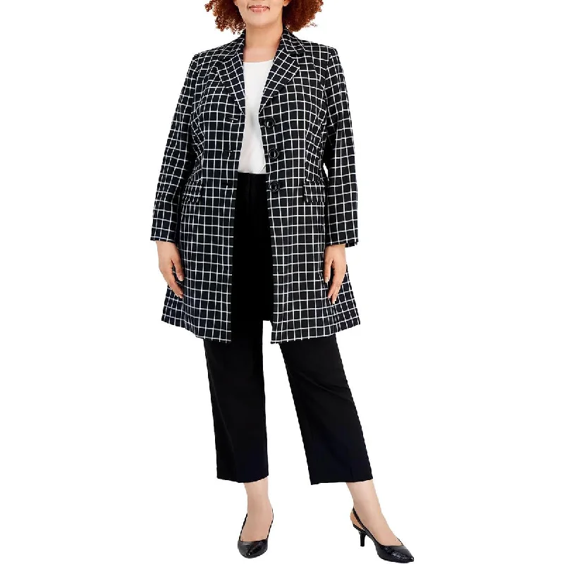 fashionable belted wool coat for women -Le Suit Womens Plus Window Pane Suit Separate Duster Blazer