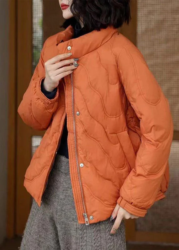 versatile trench coat for ladies -French Orange Stand Collar Zip Up Duck Down Jackets Winter