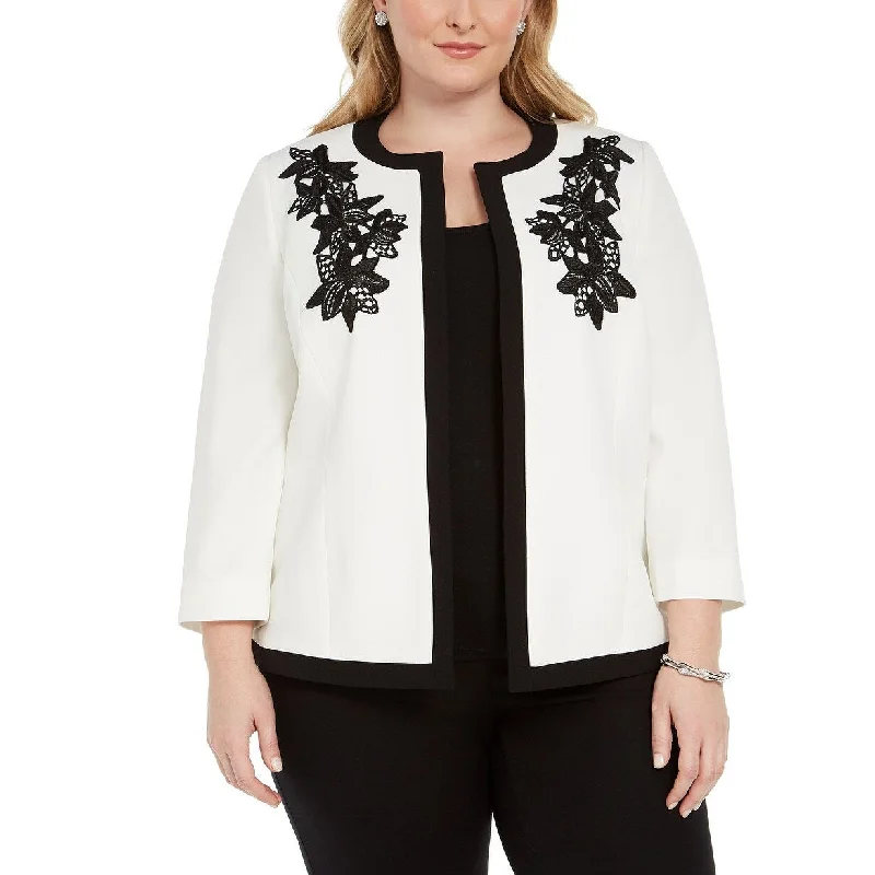 fashionable belted wool coat for women -Kasper Women's Plus Size Embroidered Flyaway Jacket Natural Size 18