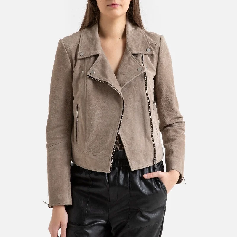 ladies' puffer jacket -IKKS Women's Suede Short Zipped Jacket Beige Size Extra Small - X-Small