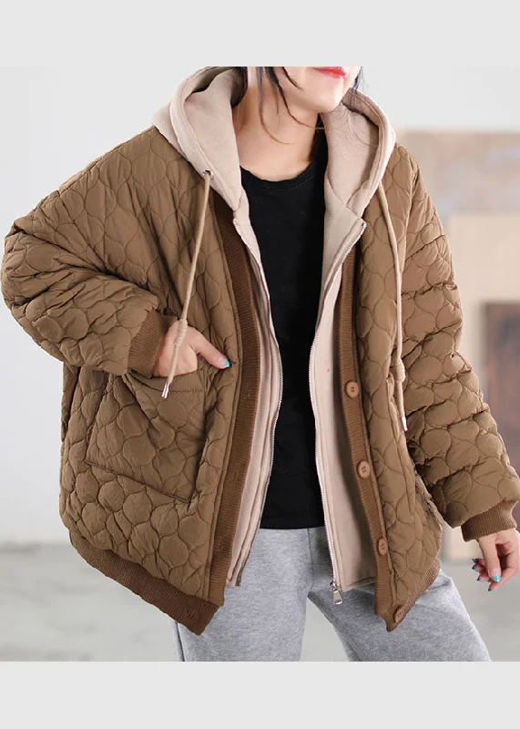 women's winter coat -French Coffee Hooded Patchwork Fine Cotton Filled Winter Coats