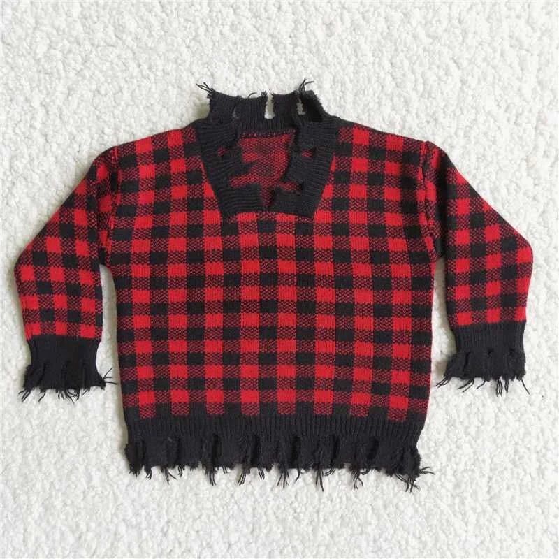 ladies' cowl neck blouse -Red Black Plaid Sweater