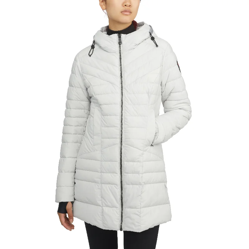 women's reversible coat -Pajar Women's Cort Light Weight Stretch Fixed Hood Puffer with Reflective Trim