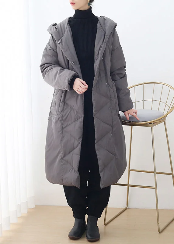 urban streetwear jacket for women -Plus Size Grey Button Pockets Hooded Down Coat Long Sleeve