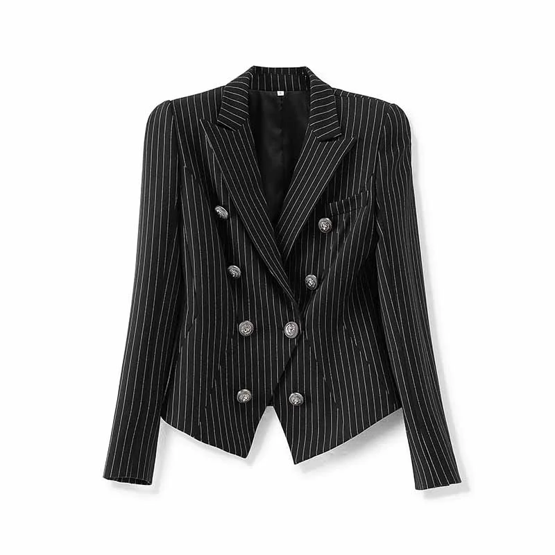 women's biker-style leather jacket -Black Checked Blazer Double Breasted Jacket Formal Business Coat For Women