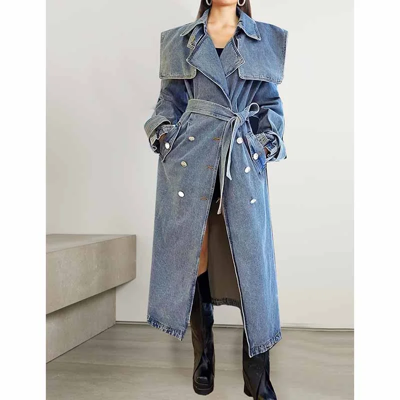 casual zip-up hoodie jacket for women -Long length denim coat lace up  jean coat  for women