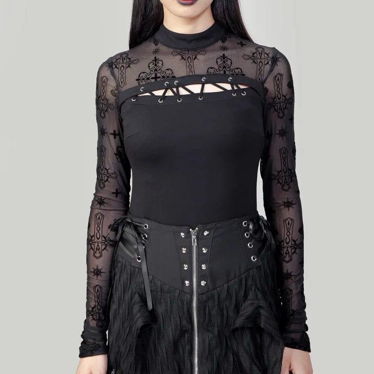 women's sleeveless pleated blouse -Women's Punk Cutout Flocking Mesh Shirt