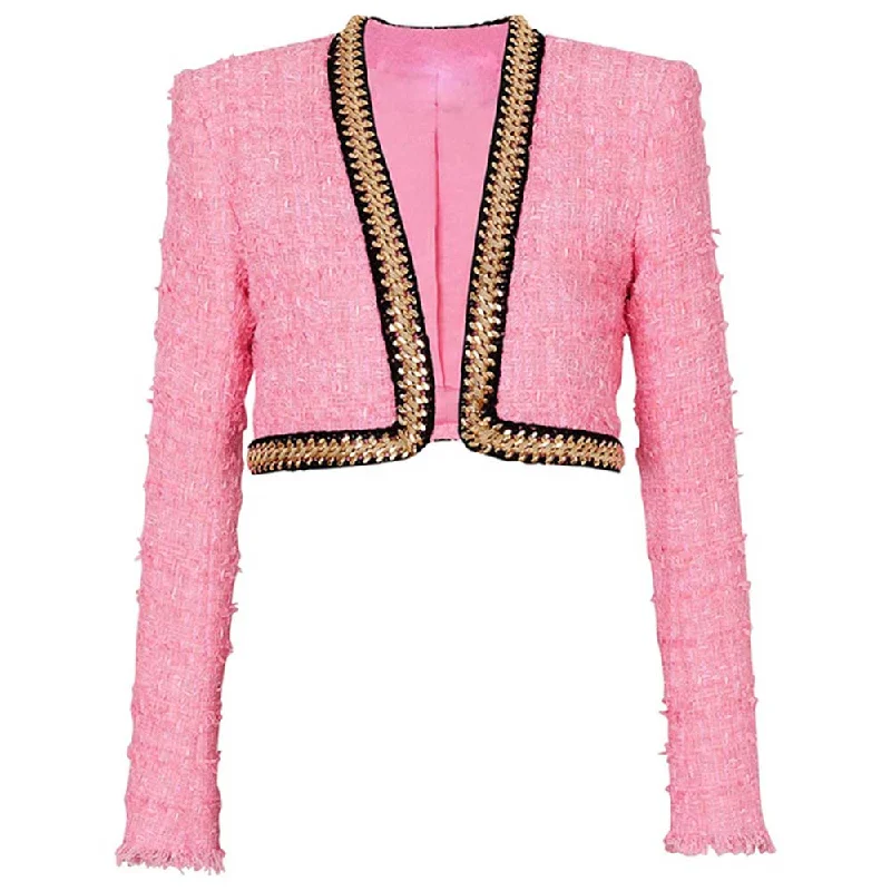 winter-ready faux shearling jacket for women -Women Chain-Trimmed Tweed Cropped Jacket Pink