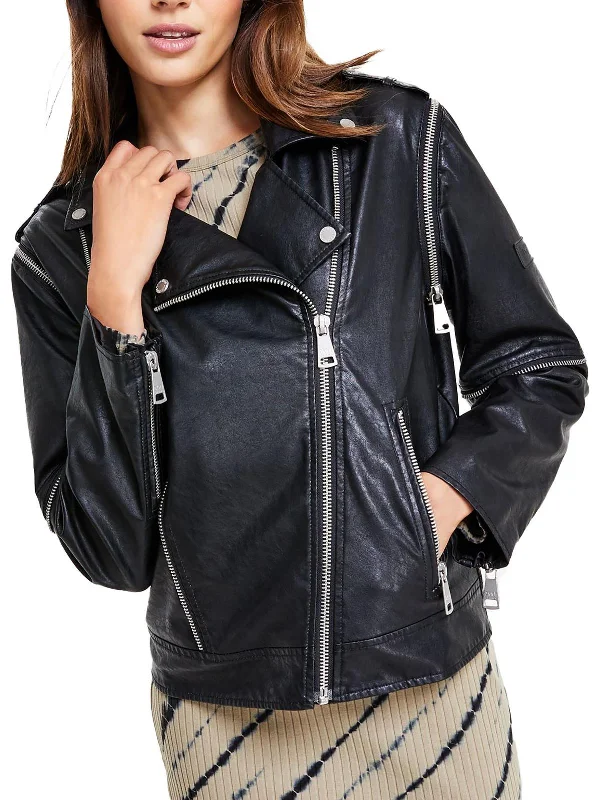 women's teddy bear coat -Womens Faux Leather Short Motorcycle Jacket