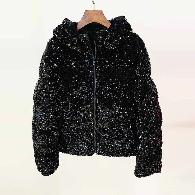 ladies' waterfall drape coat -Women's Sequin Velvet Short Puffer Jacket Blingbling White duck down jacket