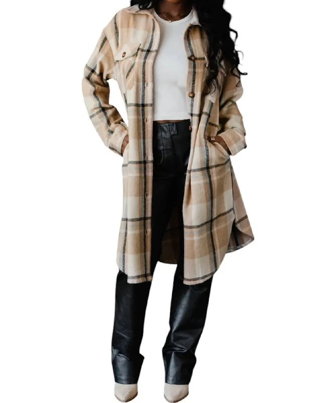 casual coats for women -Plaid Long Flannel Jacket In Tan/black/beige/grey