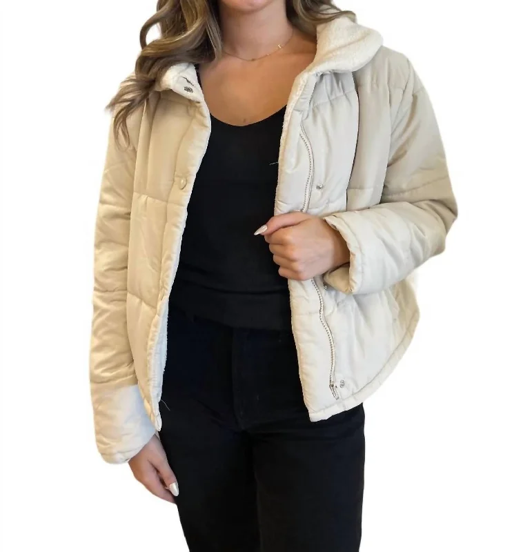 ladies' faux suede jacket -Sherpa Lined Puffer Jacket In Ecru