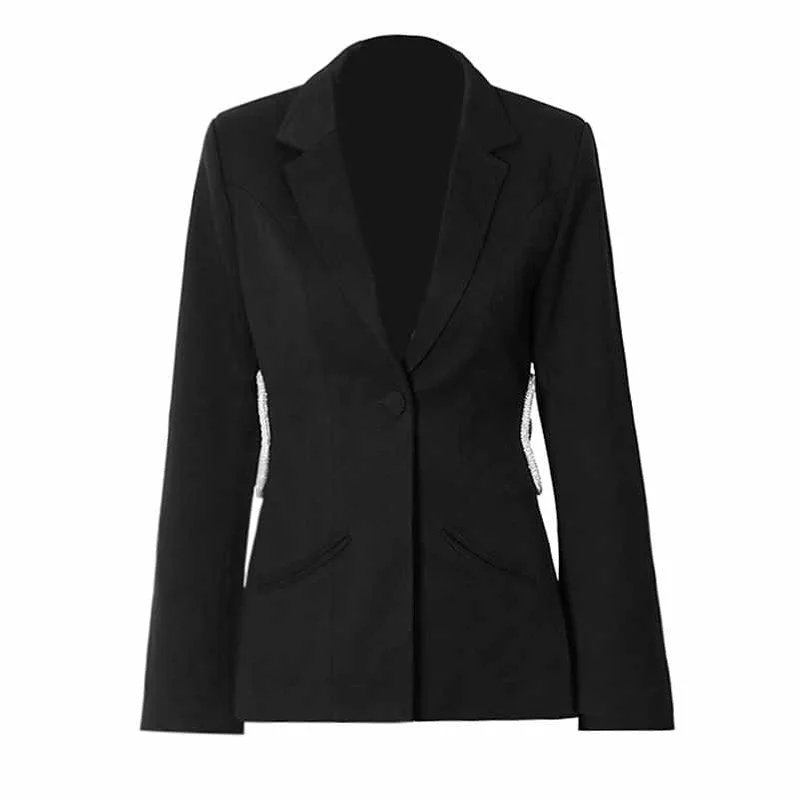 women's long trench coat -Women White and Black Fitted Heavy Industry Hollow Out Blazer One Button Jacket