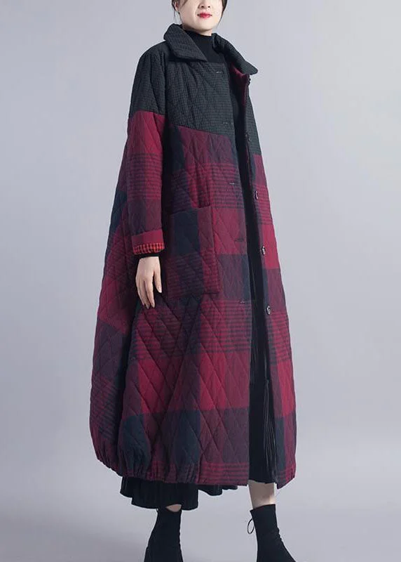 casual coats for women -DIY Red Plaid Patchwork Fine Cotton Filled winter coat