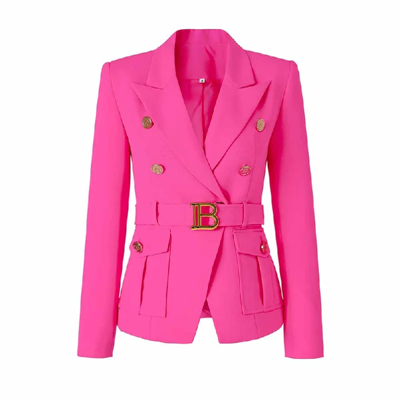 women's lightweight cargo jacket -Women's Luxury Fitted Hot Pink Blazer Golden Lion Buttons Coat Belted Jacket