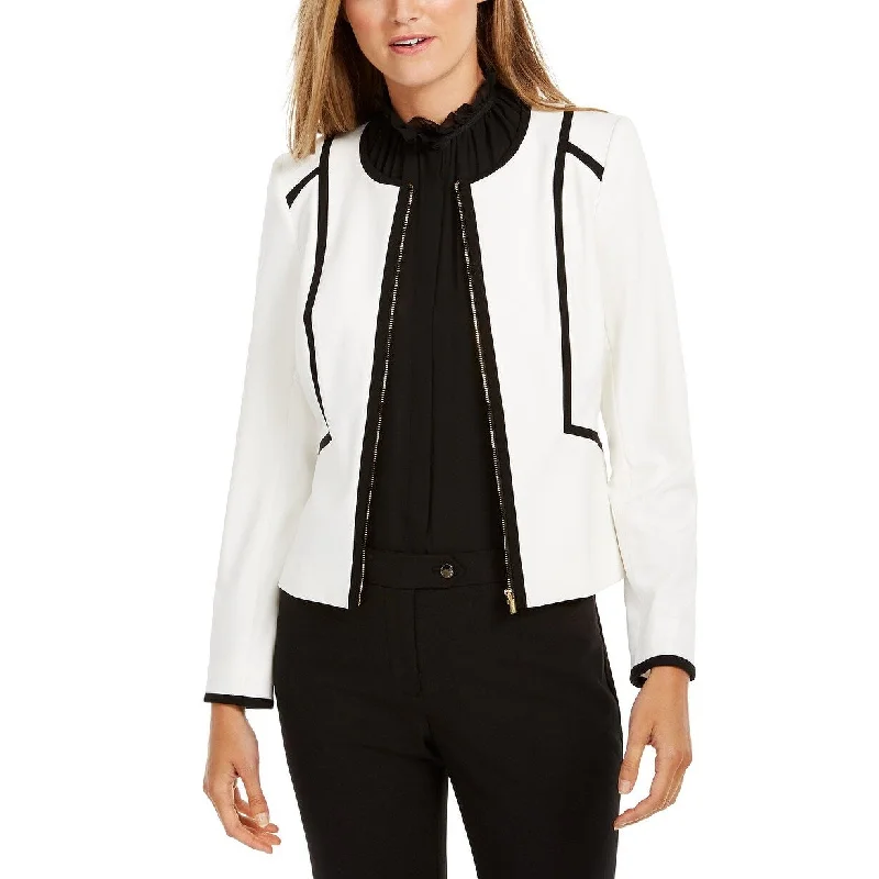 ladies' long hooded winter coat -Calvin Klein Women's Piped Zip-Front Jacket White Size 2