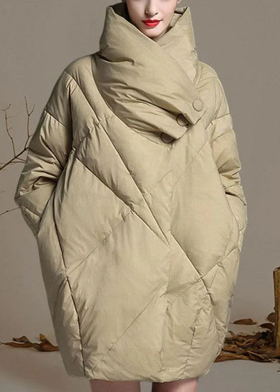 women's sherpa-lined jacket -Plus Size Khaki Peter Pan Collar Button Winter Duck Down Down Coat