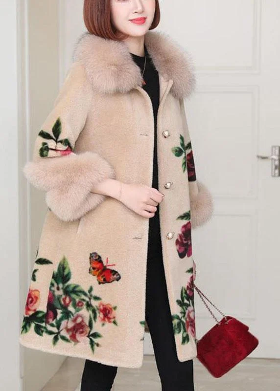 long elegant trench coat for women -Apricot Print Button Thick Winter Long sleeve Coat