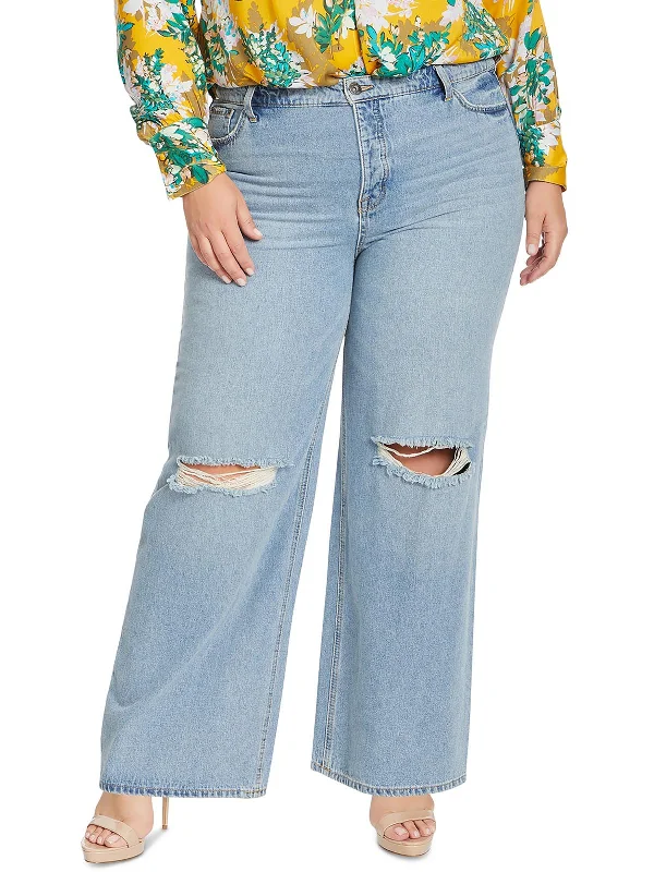 women's high-waisted jeans -Plus Womens Destroyed Denim Wide Leg Jeans