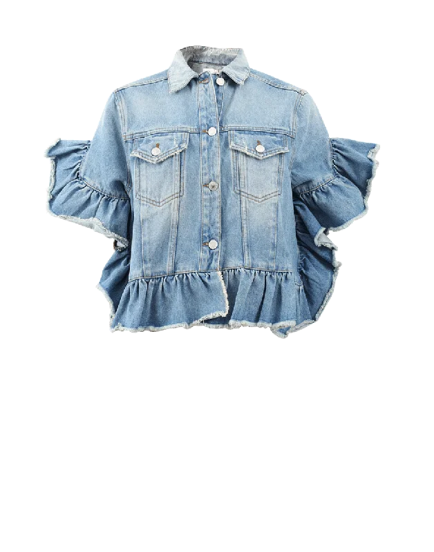 stylish longline coat for women -Ruffle Sleeve Denim Jacket