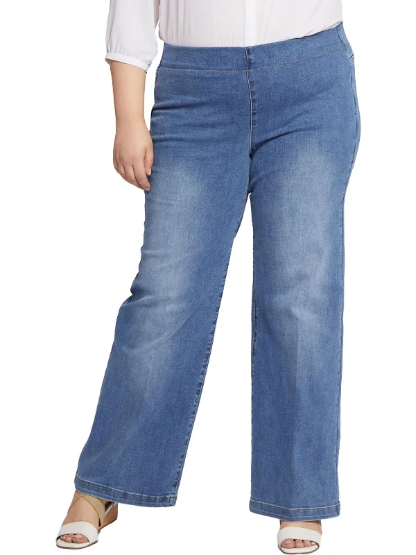 loose cargo-style jeans for ladies -Plus Womens Knit Denim Wide Leg Jeans