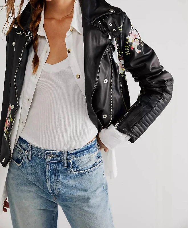 cropped faux leather jacket for women -Harley Floral Leather Jacket In Black