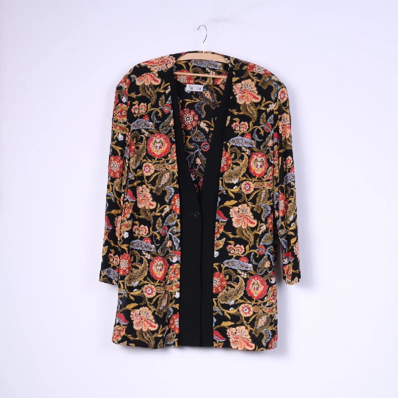 ladies' sporty windbreaker -Modiamo Women 48/50 XXL Blazer Black Viscose Shoulder Pads Floral Top