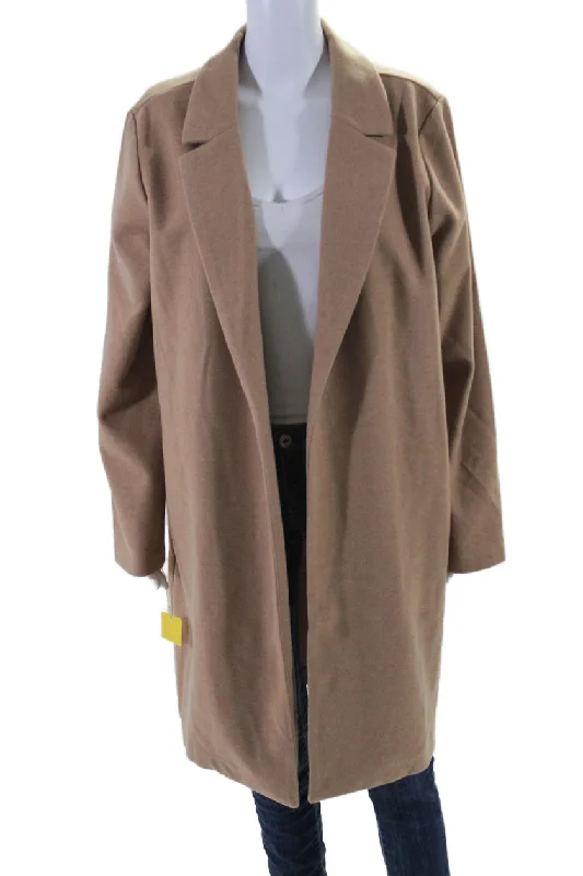 classic women's wool coat -Renuar Womens Solid Tan Open Front Long Sleeve Coat Jacket