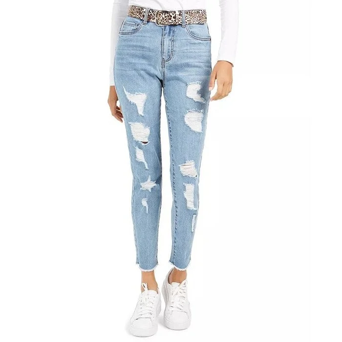 women's flared bell-bottom jeans -Dollhouse Juniors' Ripped Skinny Jeans With Belt Blue Size 9