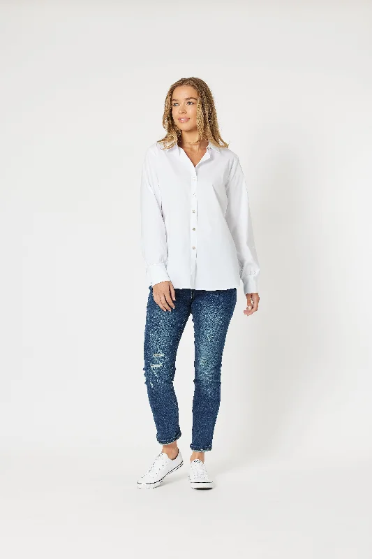 fashionable twisted hem top for women -Jana Rib Cuff Poplin Shirt - White