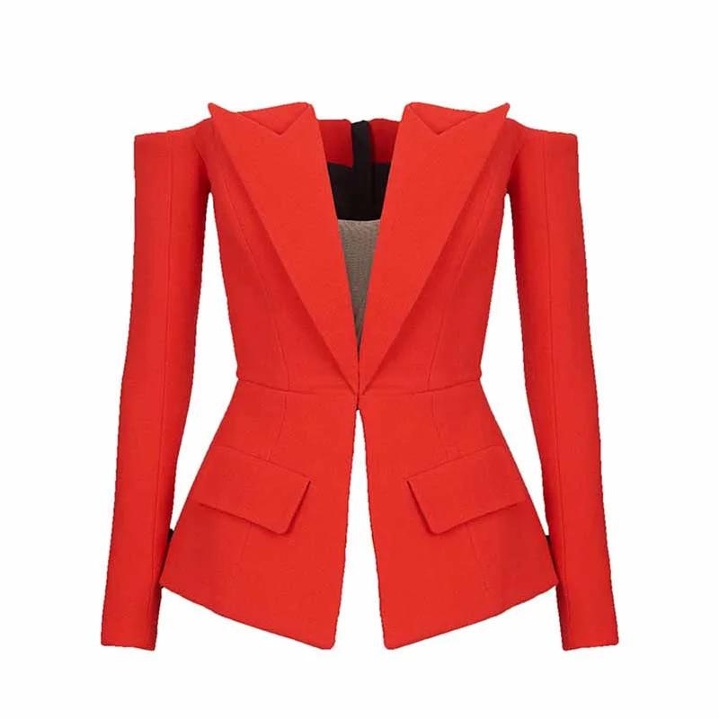 classic trench raincoat for women -Women's Off Shoulder V-Neck Blazer in Red