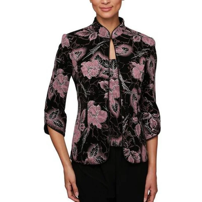 women's thermal long coat -Alex Evenings Womens Petites Glitter Floral Print Collarless Blazer