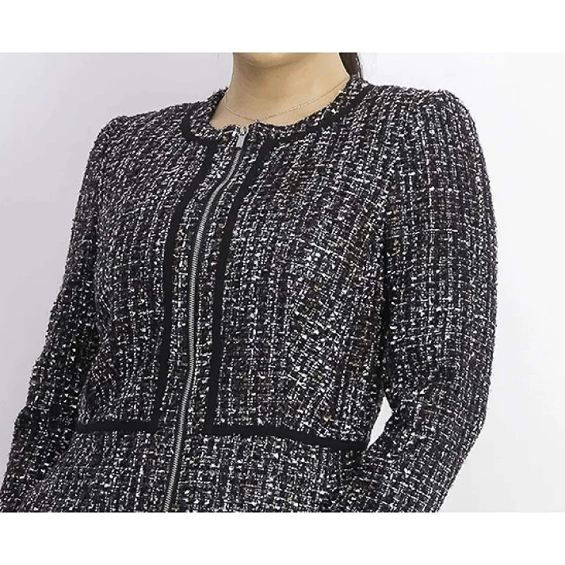 stylish knitted jacket for women -Calvin Klein Women's Tweed Zip Front Collarless Jacket Black Size 6