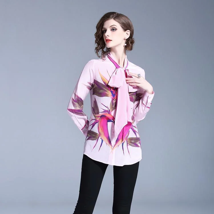 trendy crop top for women -Pink Bow Tie Women Blouse