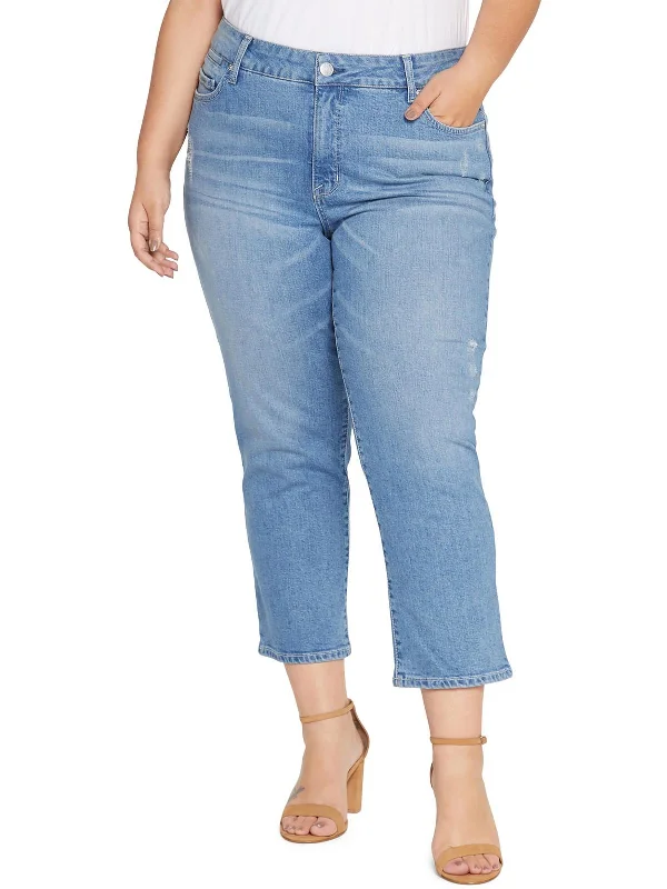 trendy printed denim jeans for ladies -Plus Womens High Rise Light Wash Straight Leg Jeans