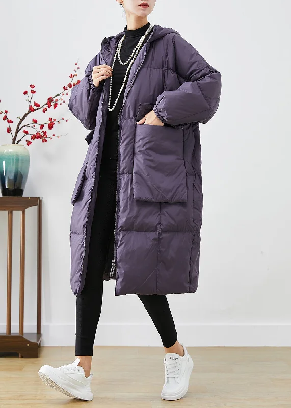 women's oversized corduroy jacket -Style Purple Oversized Big Pockets Warm Duck Down Jacket In Winter