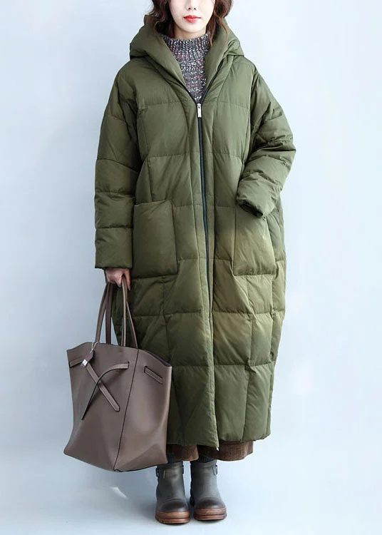 fitted wool blend coat for women -Boutique Army Green Hooded Zippered Pockets Duck Down Puffer Coat Winter