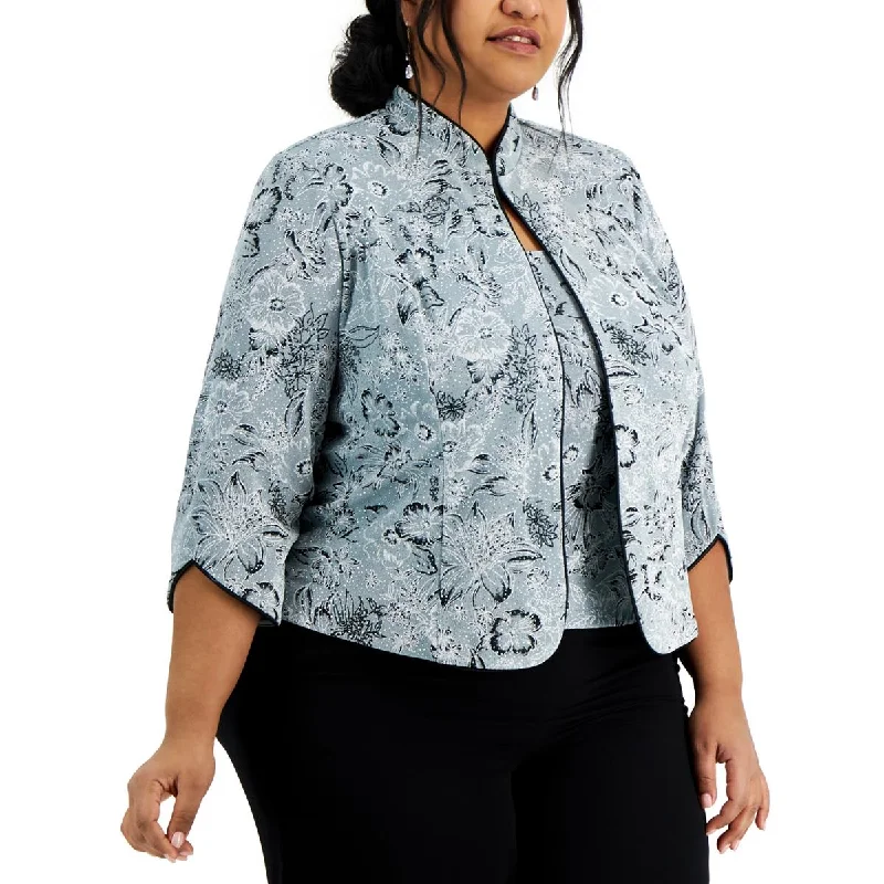 urban style cropped puffer jacket -Alex Evenings Womens Plus Floral Print Glitter Open-Front Blazer