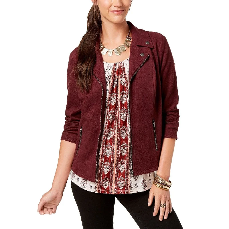 women's classic pea coat -Style & Co Women's Faux Suede Moto Jacket Dark Red Size Large