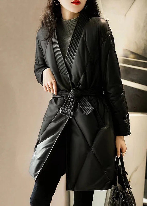 ladies' longline puffer coat -Simple Black V Neck Tie Waist Patchwork Sheepskin Duck Down Coat Winter