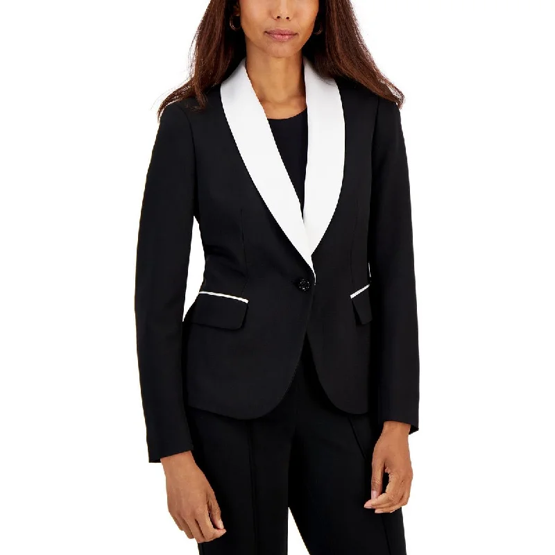 trendy plaid coat for women -Kasper Womens Petites Contrast Trim Office One-Button Blazer