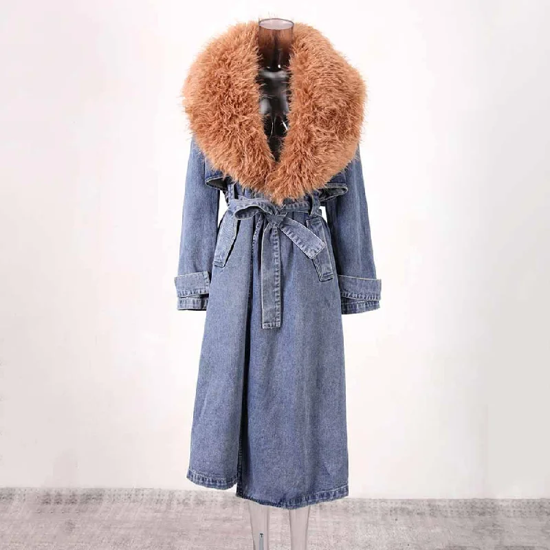 women's cropped bomber jacket -Women Denim Blue Coat With Removable Faux Fur Collar Long Length Coat Lace-Up Jacket