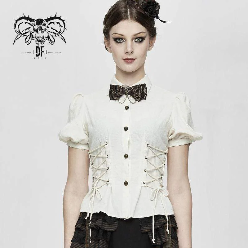 women's casual blouse -Women's Vintage Lentern Sleeve Lace-up Ivory Shirts