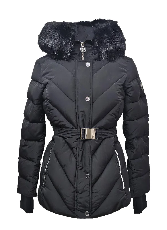 women's relaxed fit blazer -Michael Kors Women's Belted Chevron Scuba Coat w/Faux Fur, Black