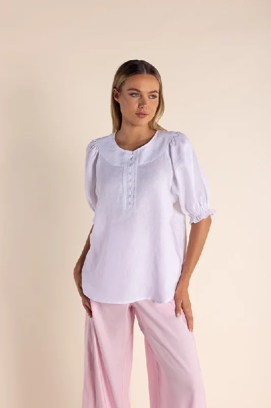 trendy drawstring hem top for ladies -Puff Sleeve Linen Top - White