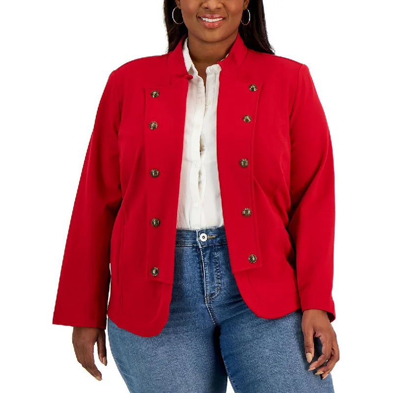 ladies' long hooded winter coat -Tommy Hilfiger Womens Plus Military Band Button Detail Open-Front Blazer