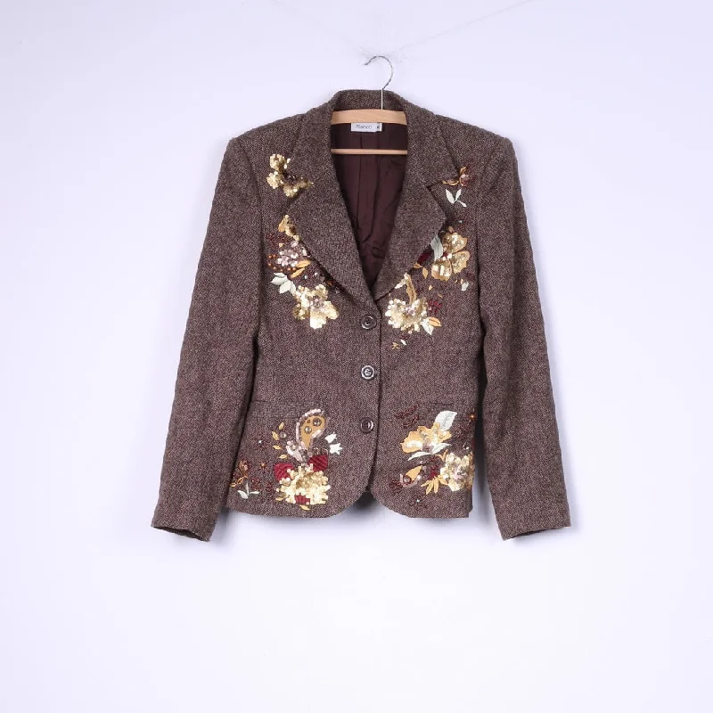 classic women's wool coat -Blanco Women 40 M Blazer Brown Single Breasted Herringbone Wool Autumn Embroidered Jacket