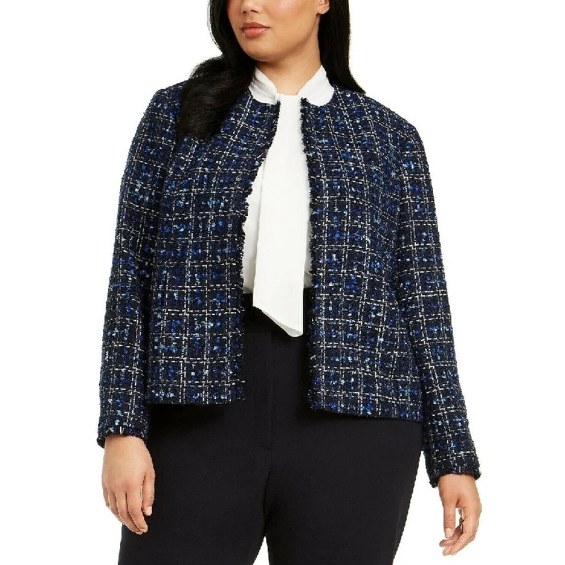 ladies' fur-lined jacket -Calvin Klein Women's Plus Size Tweed Jacket Blue Size Small