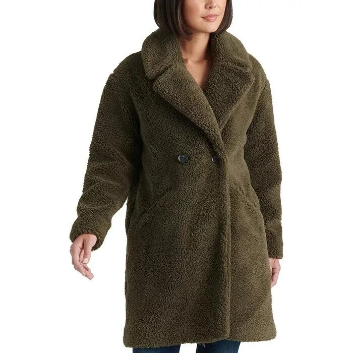 stylish longline coat for women -Lucky Brand Women's Teddy Fuzzy Double Breasted Coat Green Size Small