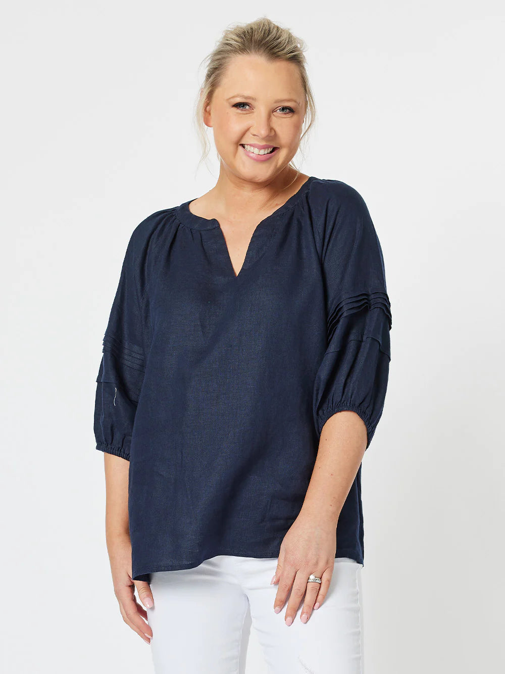 ladies' flowy chiffon blouse -Diana Linen Pleat Top - Navy